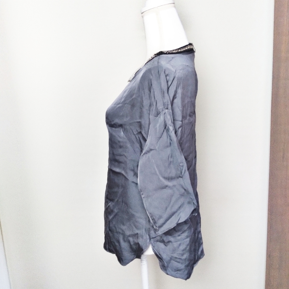 Milly Gray Silk Blend Chain Half Sleeve Blouse - Picture 3 of 8